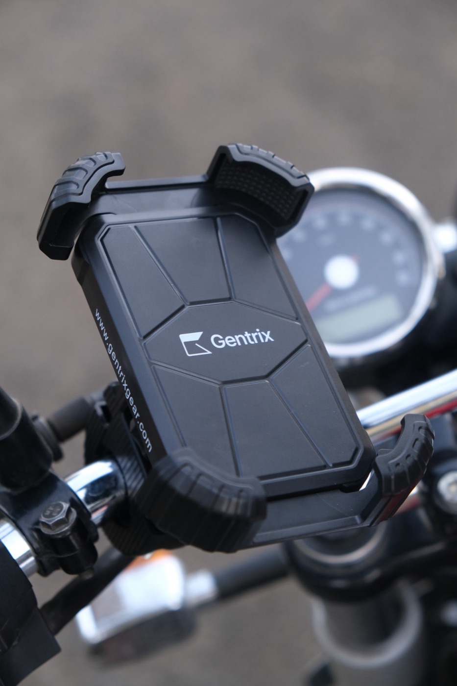 Gentrix mount in use on a motorcycle handlebar